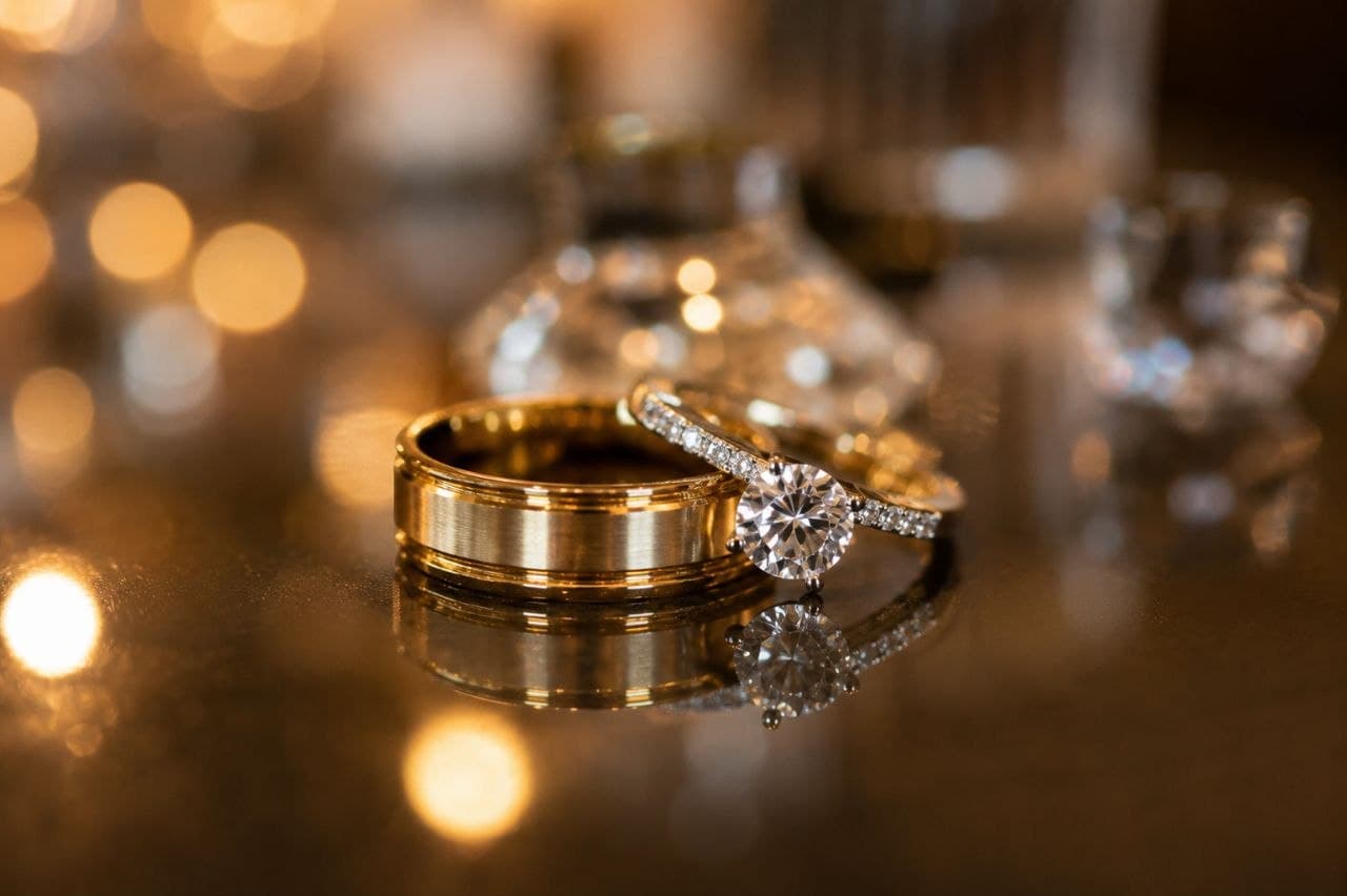 Wedding ring detail photography in candlelight