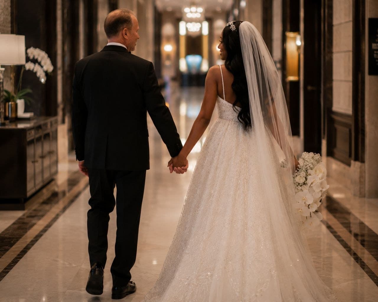 Couple walking the grand hotel corridor after the ceremony, Dallas